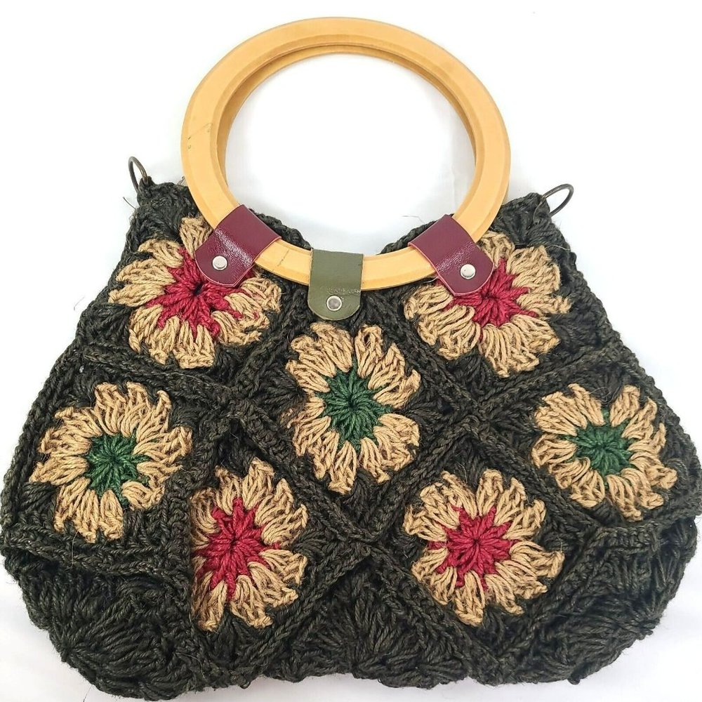 Jute Floral Crochet Handbag Purse Tote Boho Flowers Patchwork Wood Handle Bag - Picture 3 of 14